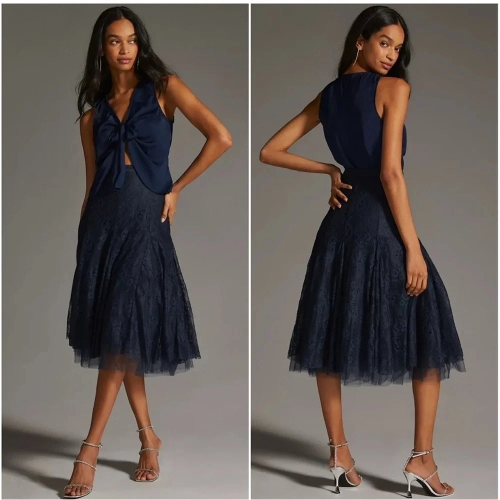 NWT Anthropologie Navy Blue Tulle Midi Skirt Flowy Flared Layered Mesh Size L
